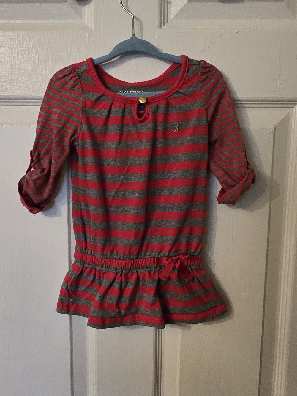 Nautica Red & Gray Striped Peplum Long Sleeve Top